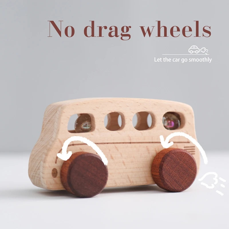 Baby Montessori Wooden Cartoon Bus, crafted from beech wood, featuring round wheels and a charming design, ideal for imaginative play and skill development.