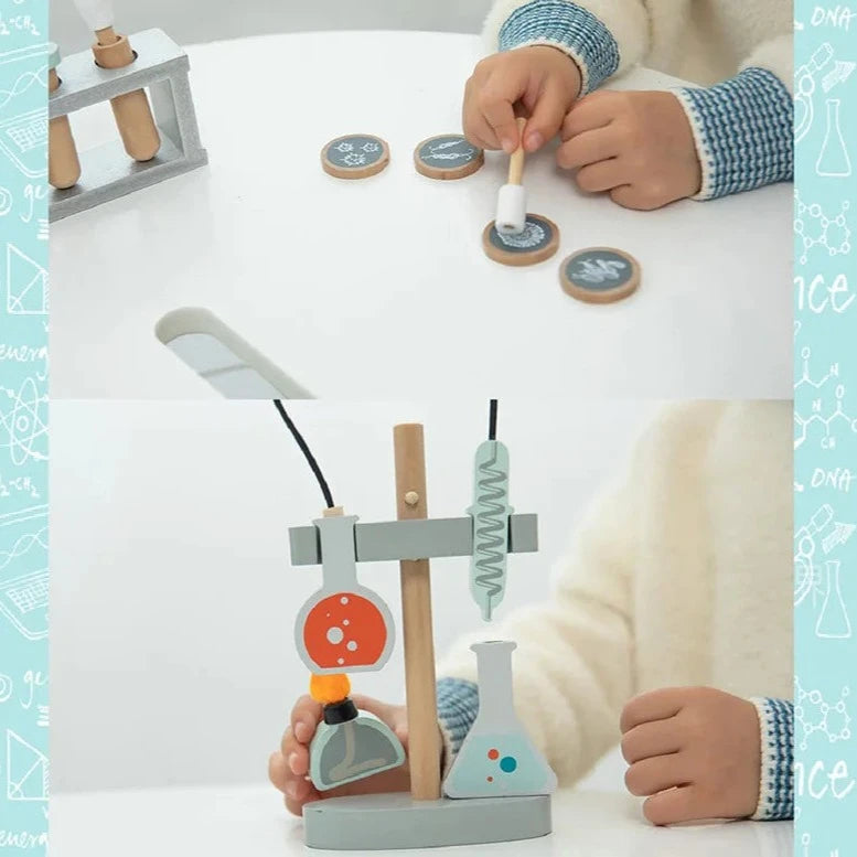 Child interacting with a Pretend Play Microscope Set, featuring a wooden microscope and tools for imaginative, educational exploration in a Montessori-inspired setting.