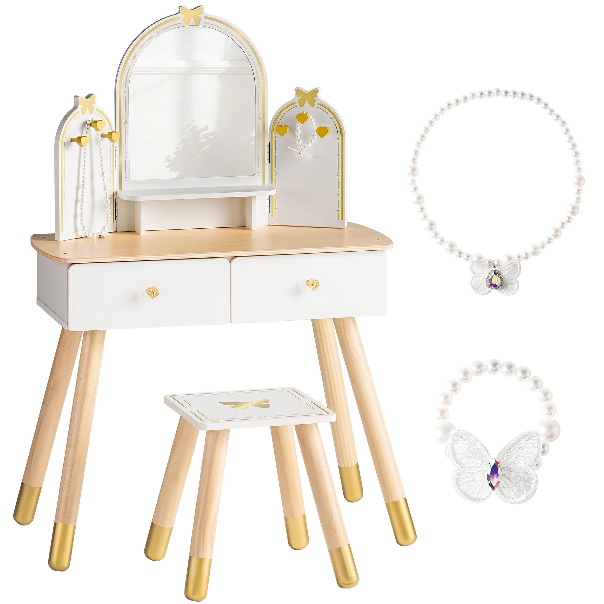 Wooden Kids Vanity Table with Mirror and Stool