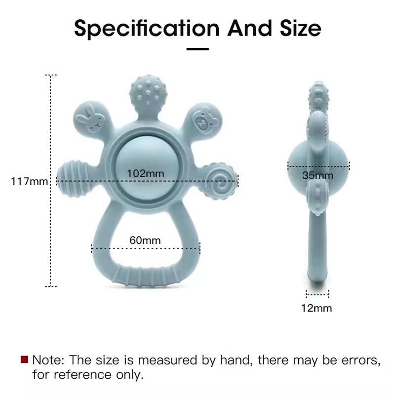 Measurement chart of a blue baby teether with dimensions labeled.