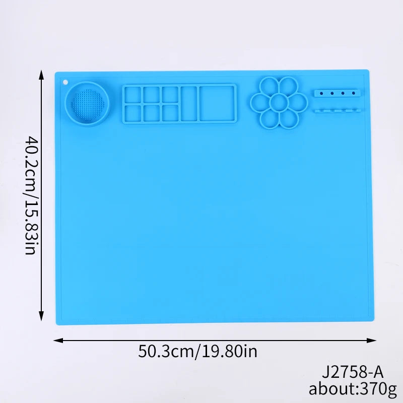 Blue silicone mat with embossed patterns and measurements on a white background