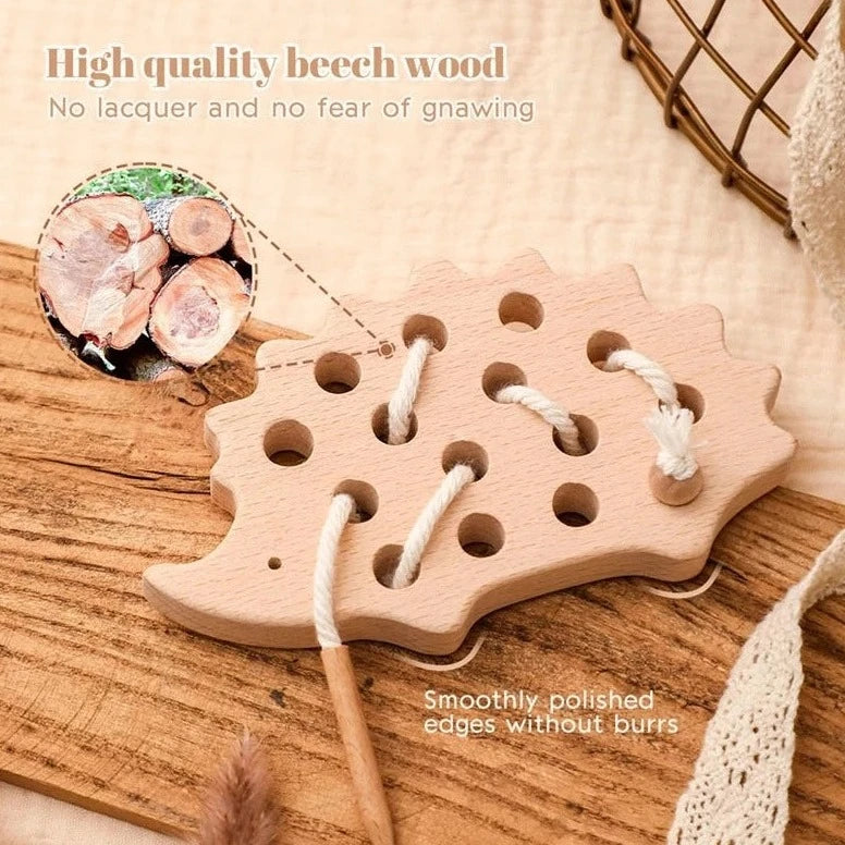The Montessori Wooden Hedgehog Threading Board is a versatile toy designed to teach hand-eye coordination and fine motor skills in children aged 4 and up.