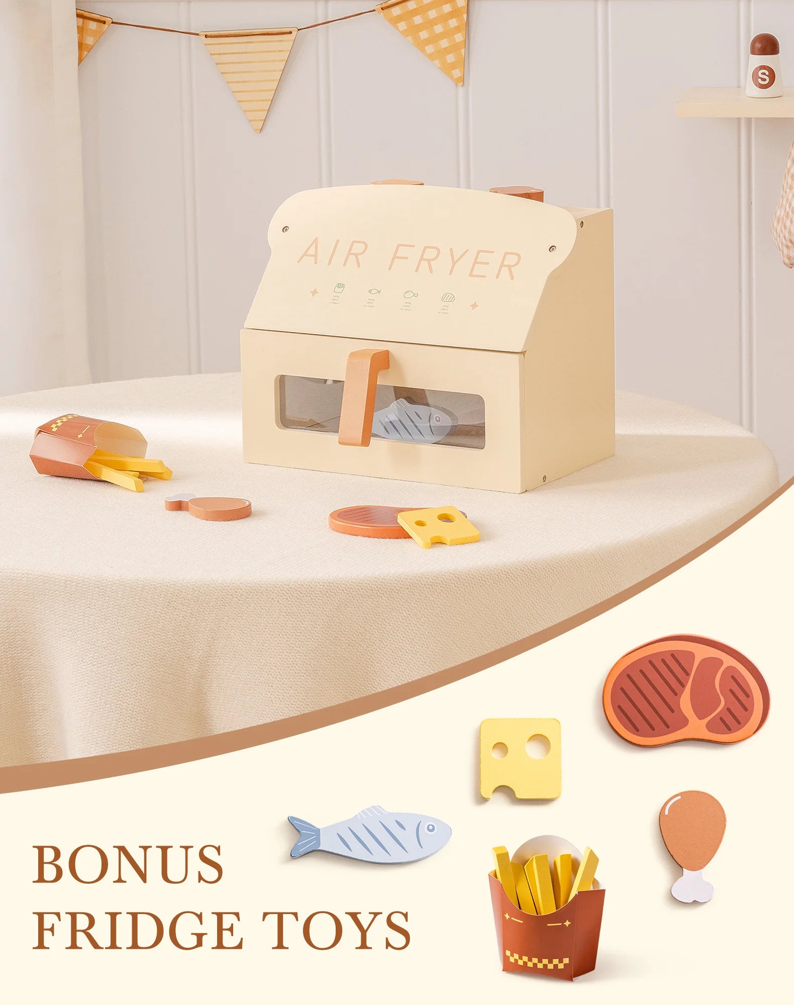 Wooden toy air fryer with various food items on a white surface, with text 'Bonus Fridge Toys' at the bottom.