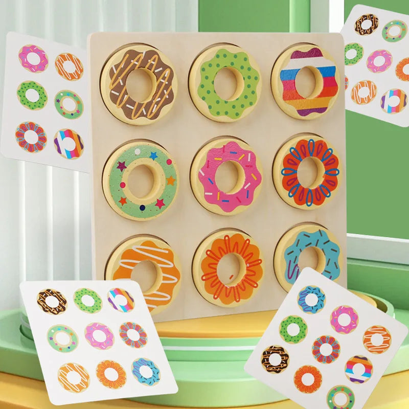 Wooden puzzle with donut shapes and matching sticker sheets on a colorful background