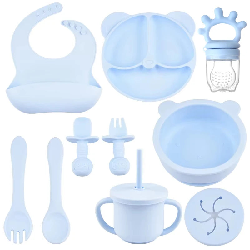 Light blue 10-piece bear silicone feeding set