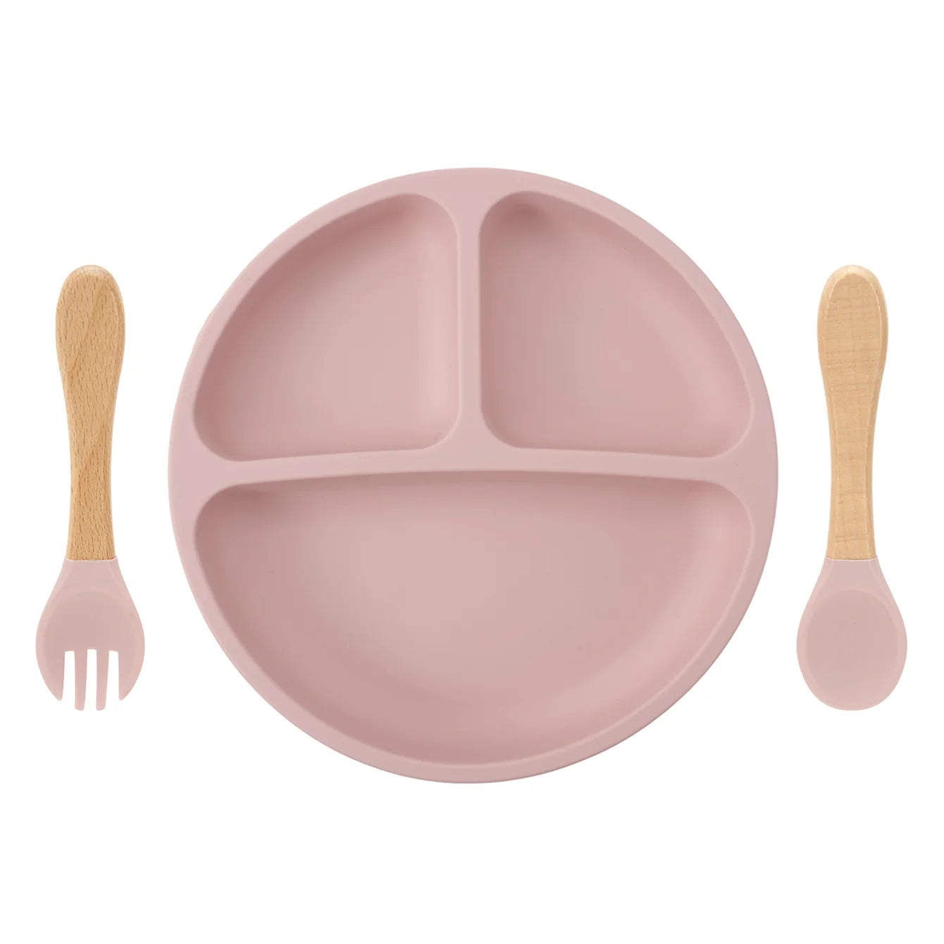 Silicone divided suction plate with wooden spoon and fork in Dusty Lilac