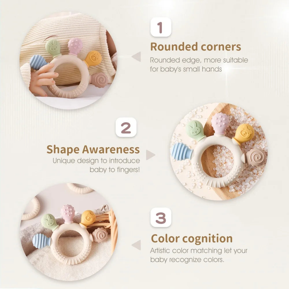 Baby teething ring with rounded corners, shape awareness design, and color cognition features on a light background.