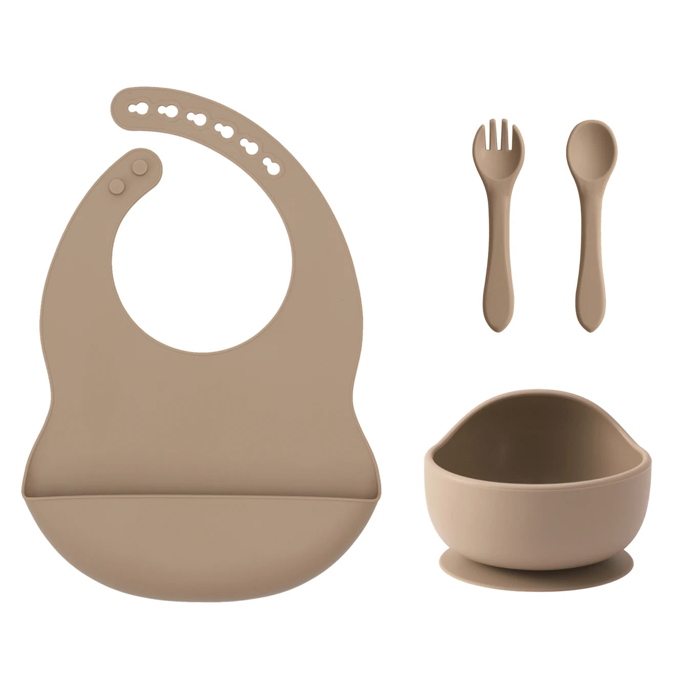 Taupe silicone bib, suction bowl, spoon and fork set