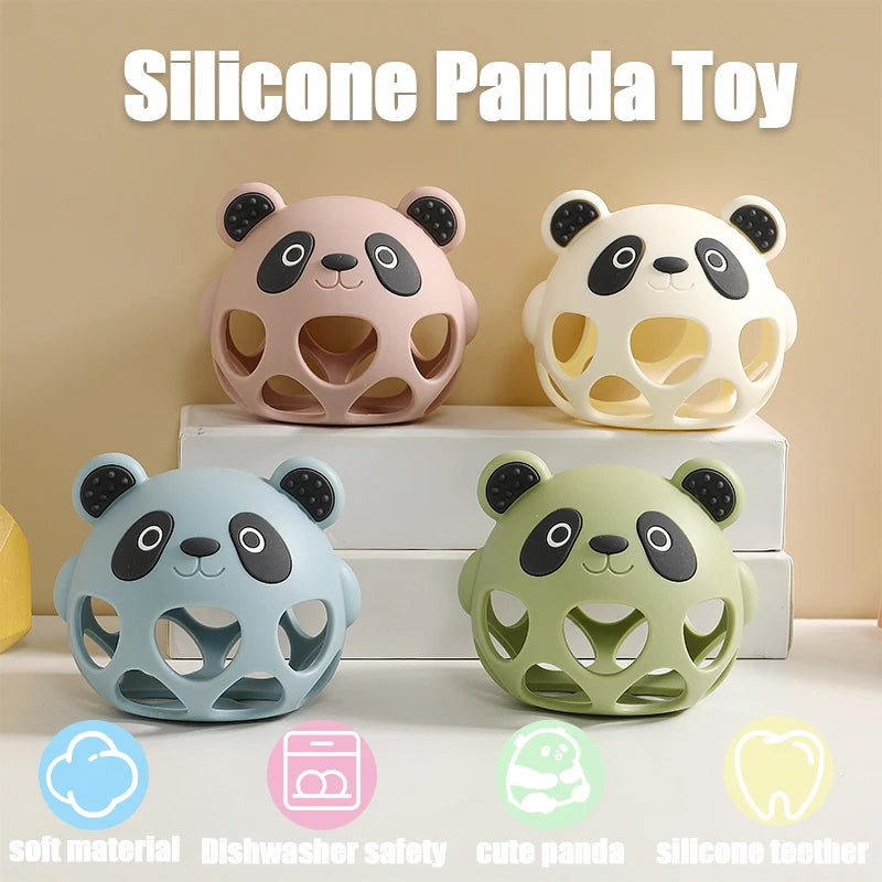Four silicone panda toys in different colors on a beige background with text 'Silicone Panda Toy'.
