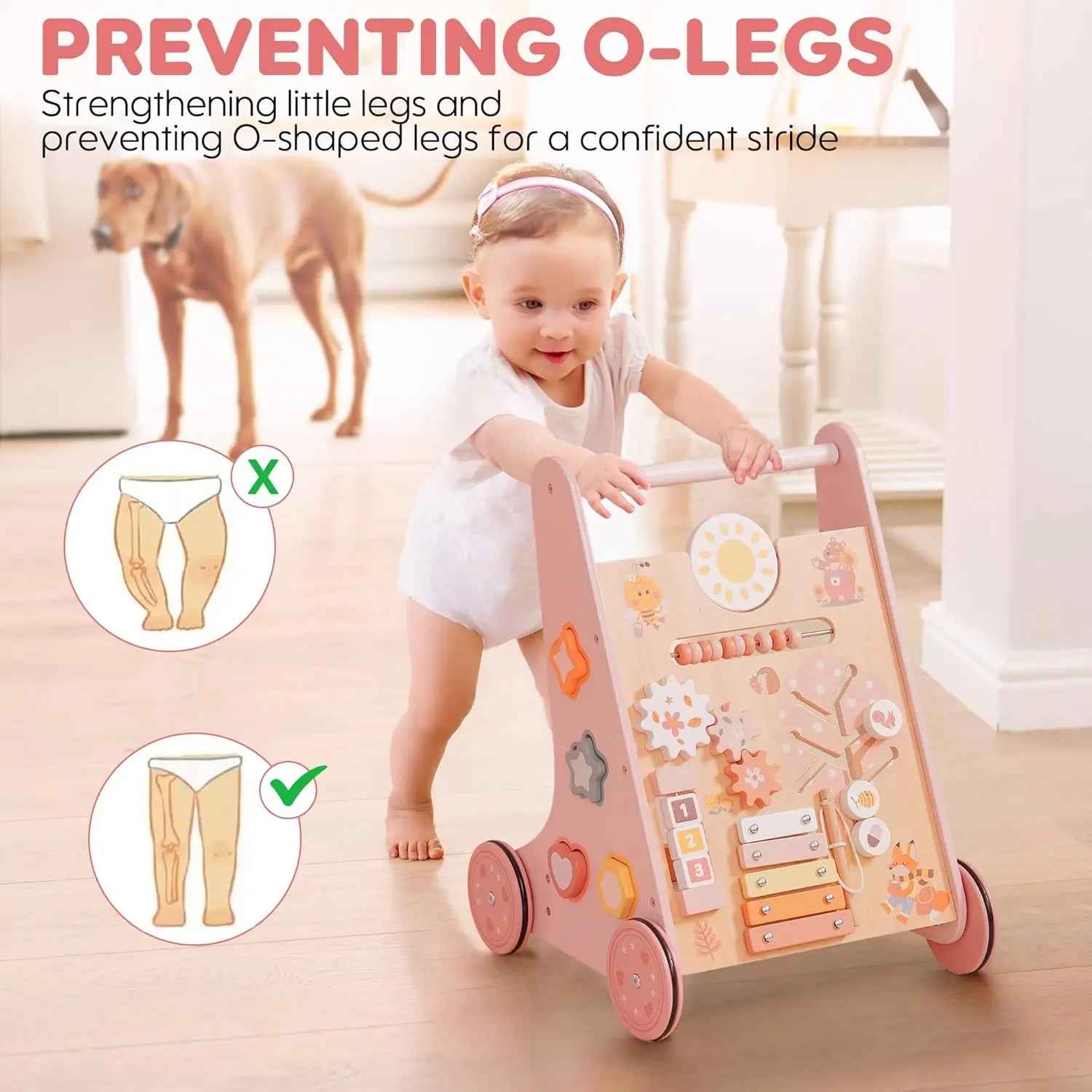 Baby using a pink walker with text about preventing O-legs and strengthening legs.