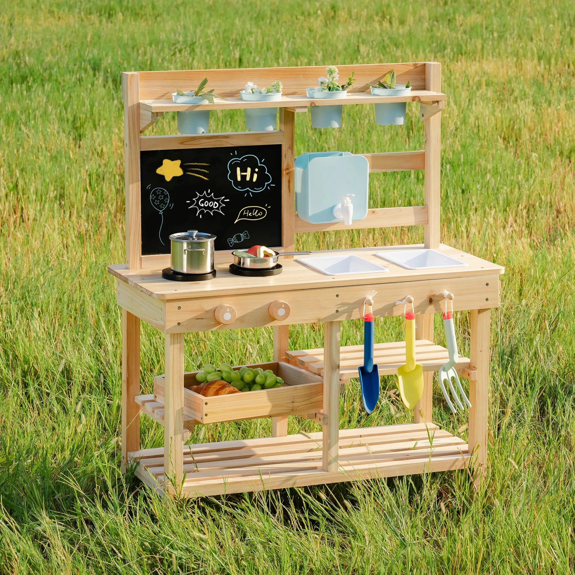 Wooden Outdoor Mud Kitchen with Water Pump and Chalkboard