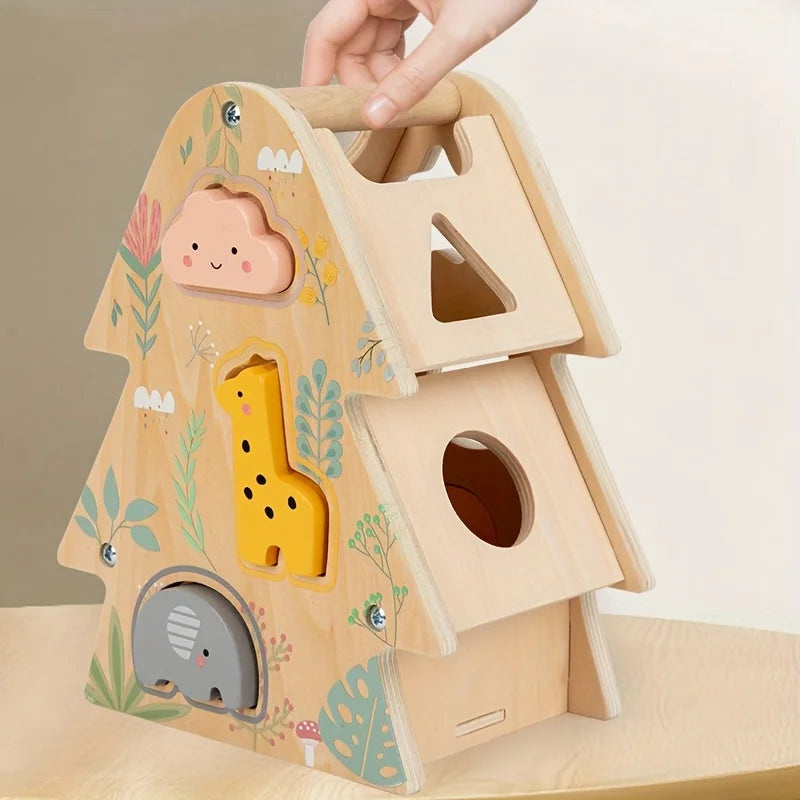 Wooden Treehouse Shape Sorter | Montessori Animal Blocks Toy