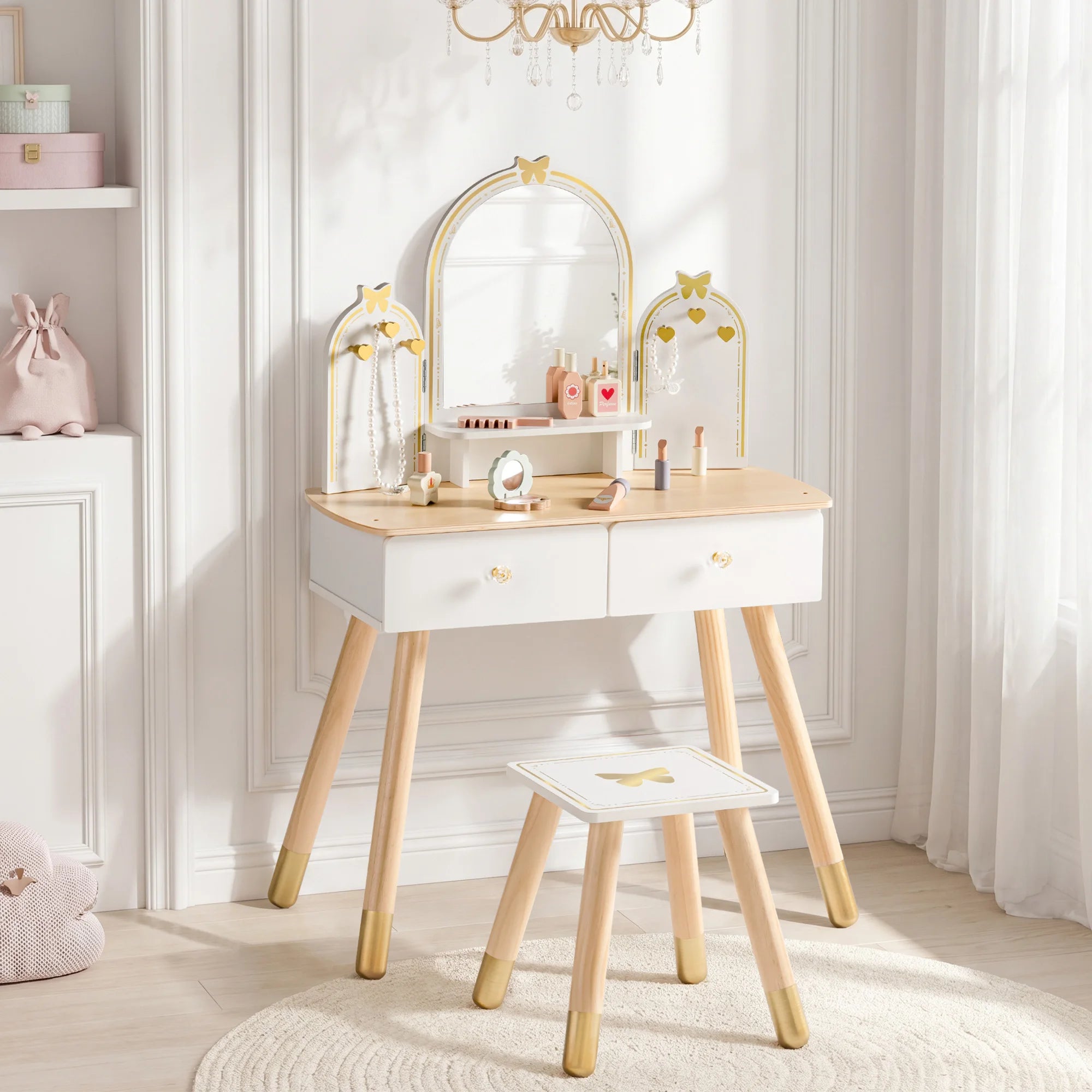 Wooden Kids Vanity Table with Mirror and Stool