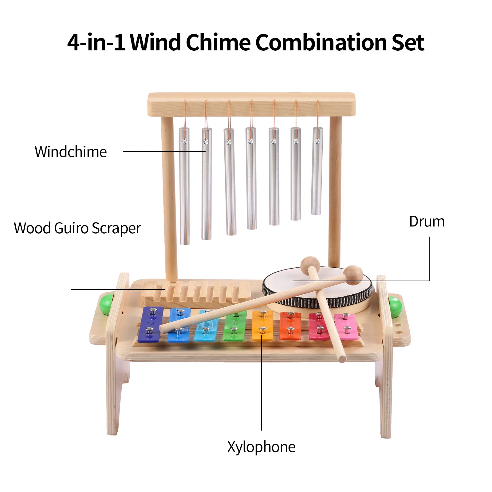 4-in-1 Wind Chime Combination Set with labeled components on a white background