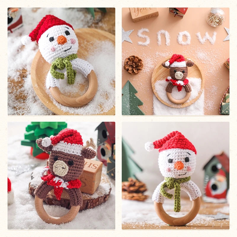 Crochet Snowman & Reindeer Rattle Toy with eco-friendly wooden teether, featuring festive snowman design, perfect for stimulating your baby’s senses during playtime.
