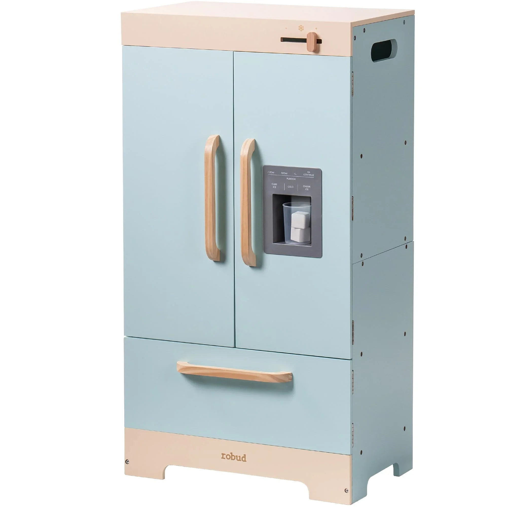 Children's toy refrigerator with light blue body and wooden accents on a white background