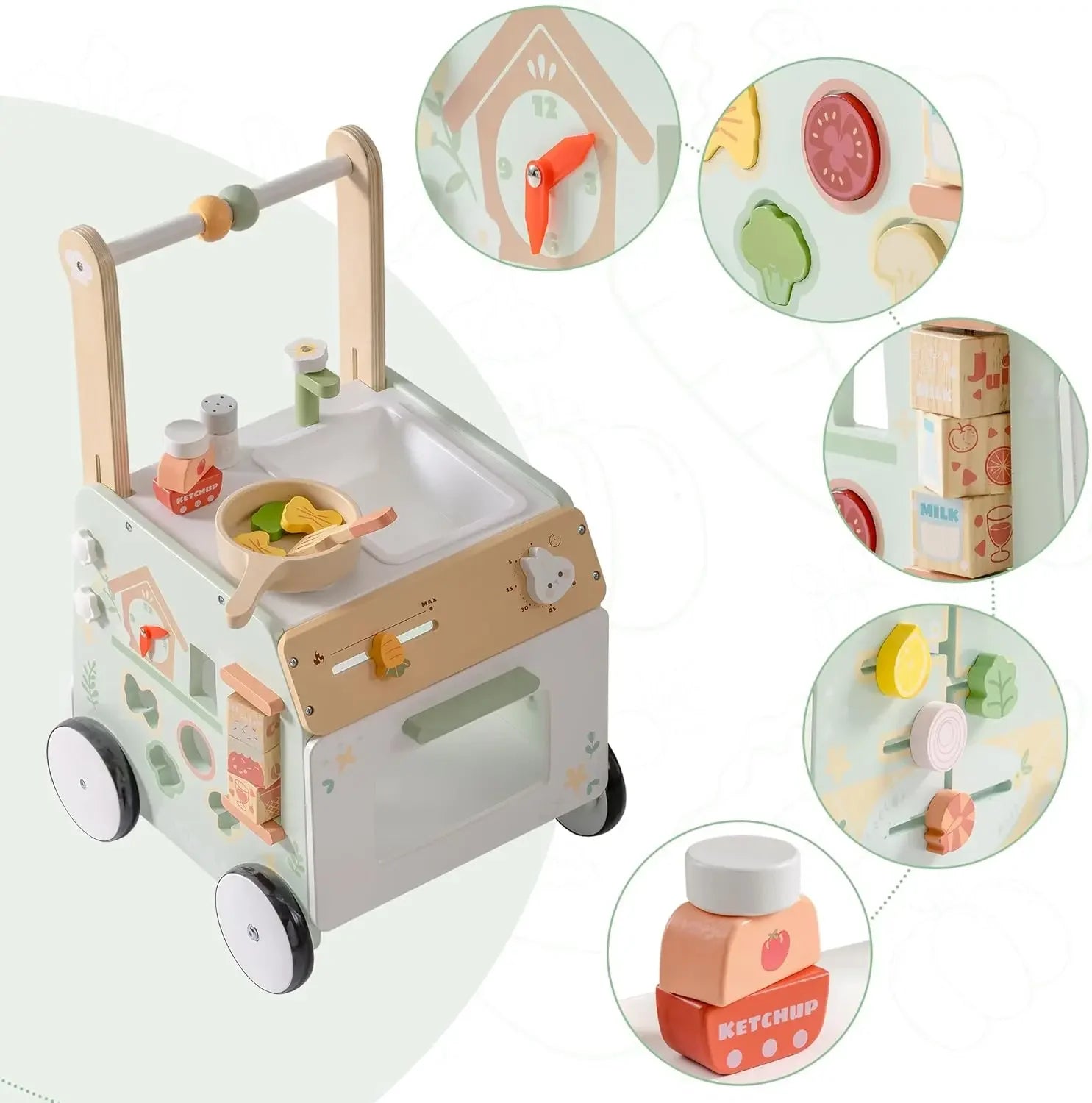 Wooden toy kitchen set with various accessories on a white background