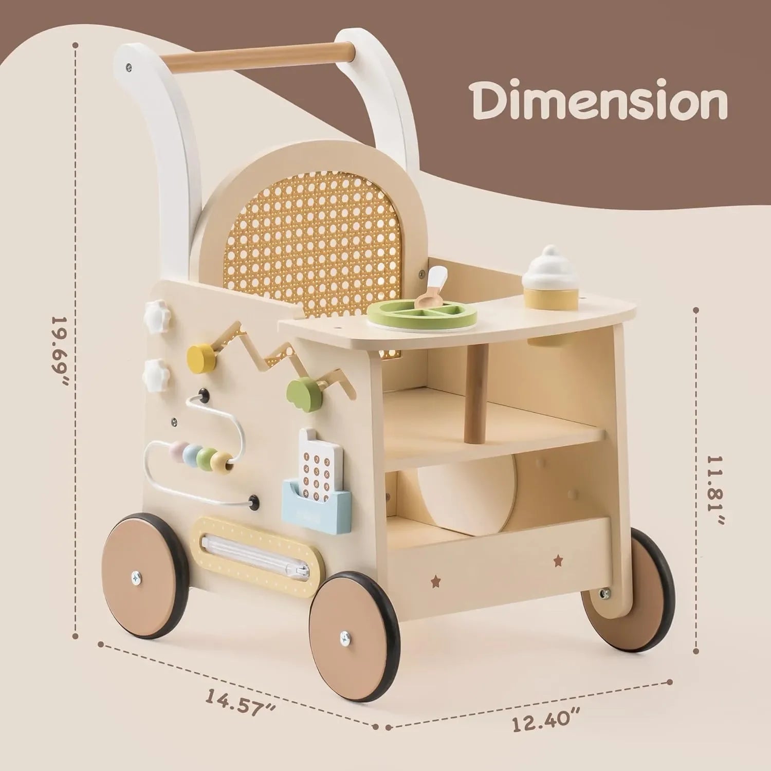 Wooden toy push cart with dimensions displayed