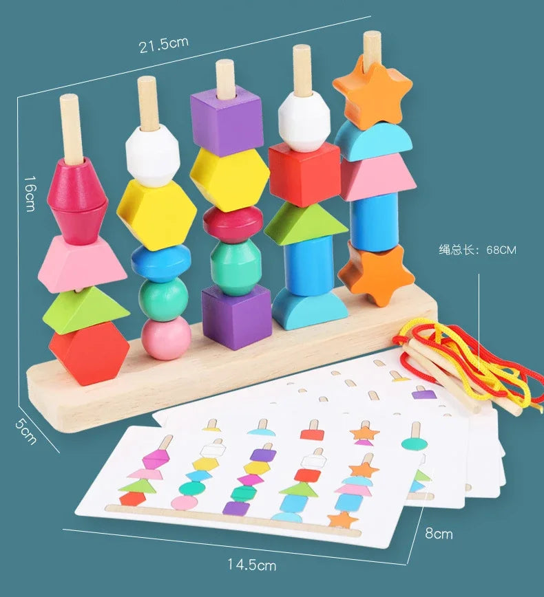 Colorful wooden shape sorting toy with measurement details on a blue background
