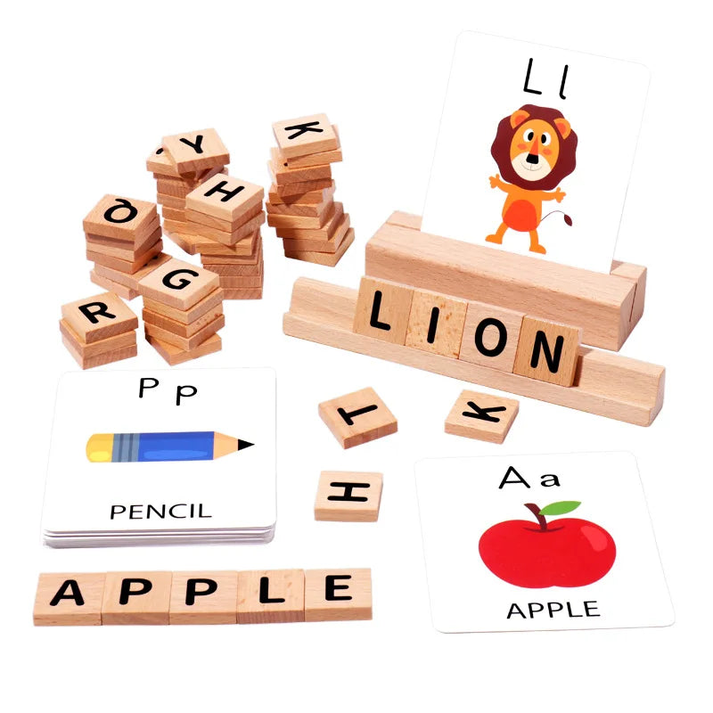 Wooden Spelling Word Game with Letter Tiles and Picture Cards