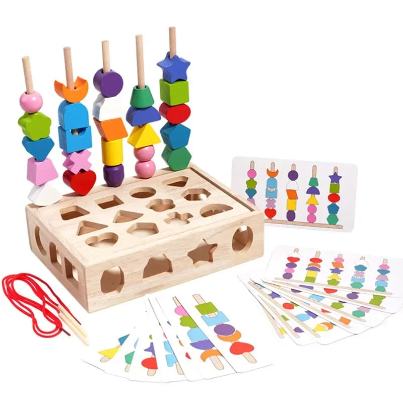 Wooden shape sorting toy with colorful beads and cards on a white background