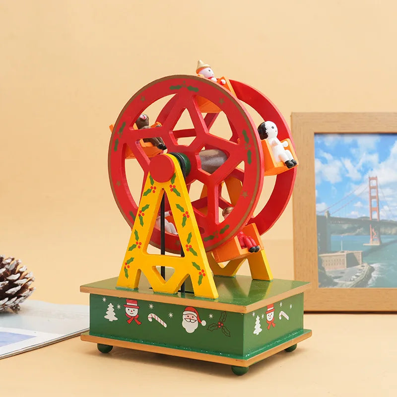 Wooden toy with a Ferris wheel design on a beige surface