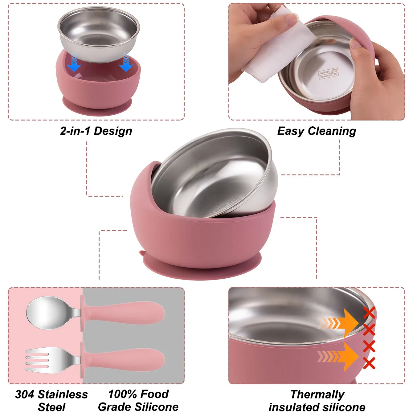 3-Piece Stainless Steel Silicone Suction Bowl & Utensil Set