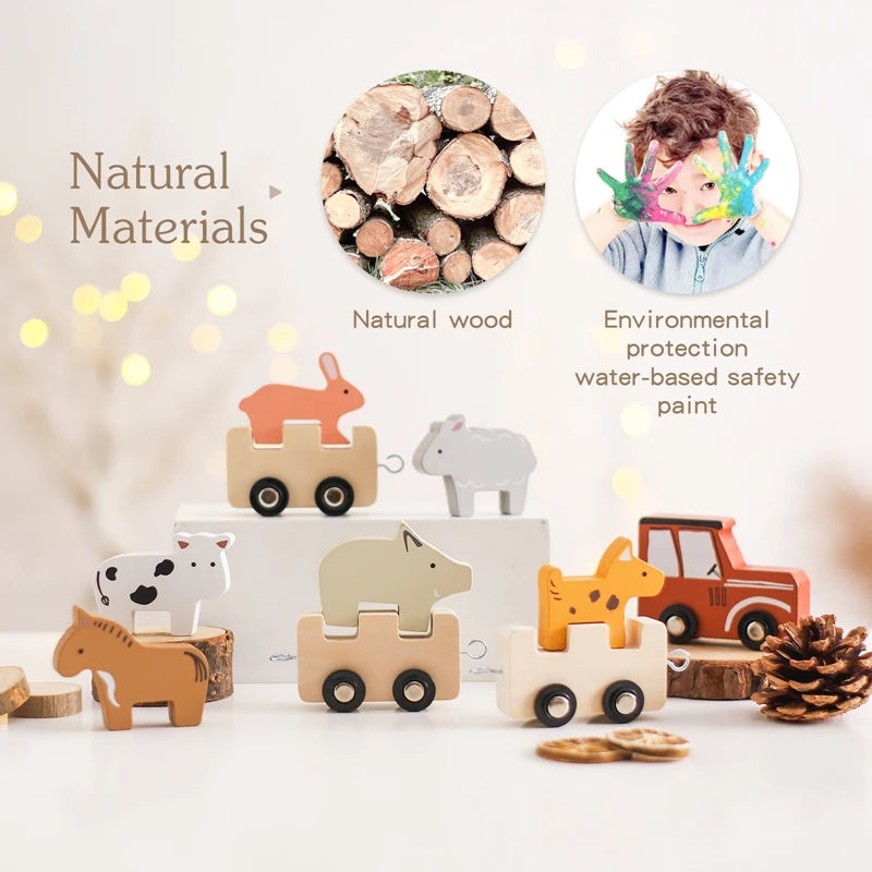 Wooden animal train made from natural wood with water-based paint