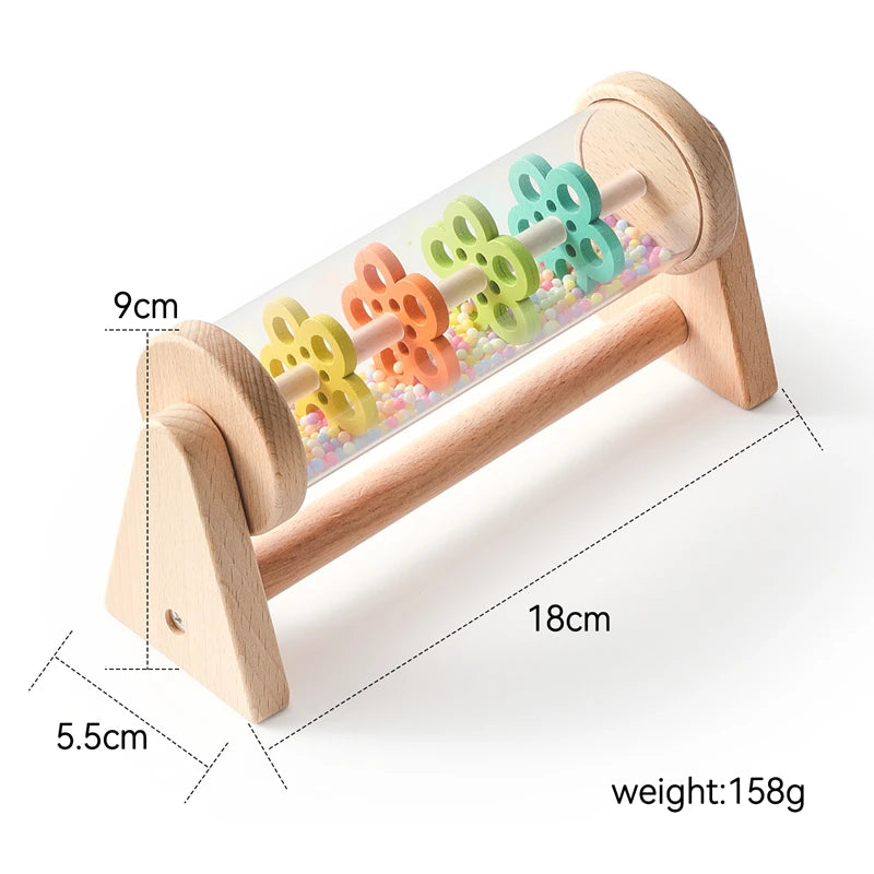 Wooden toy with colorful beads and measurements on a white background