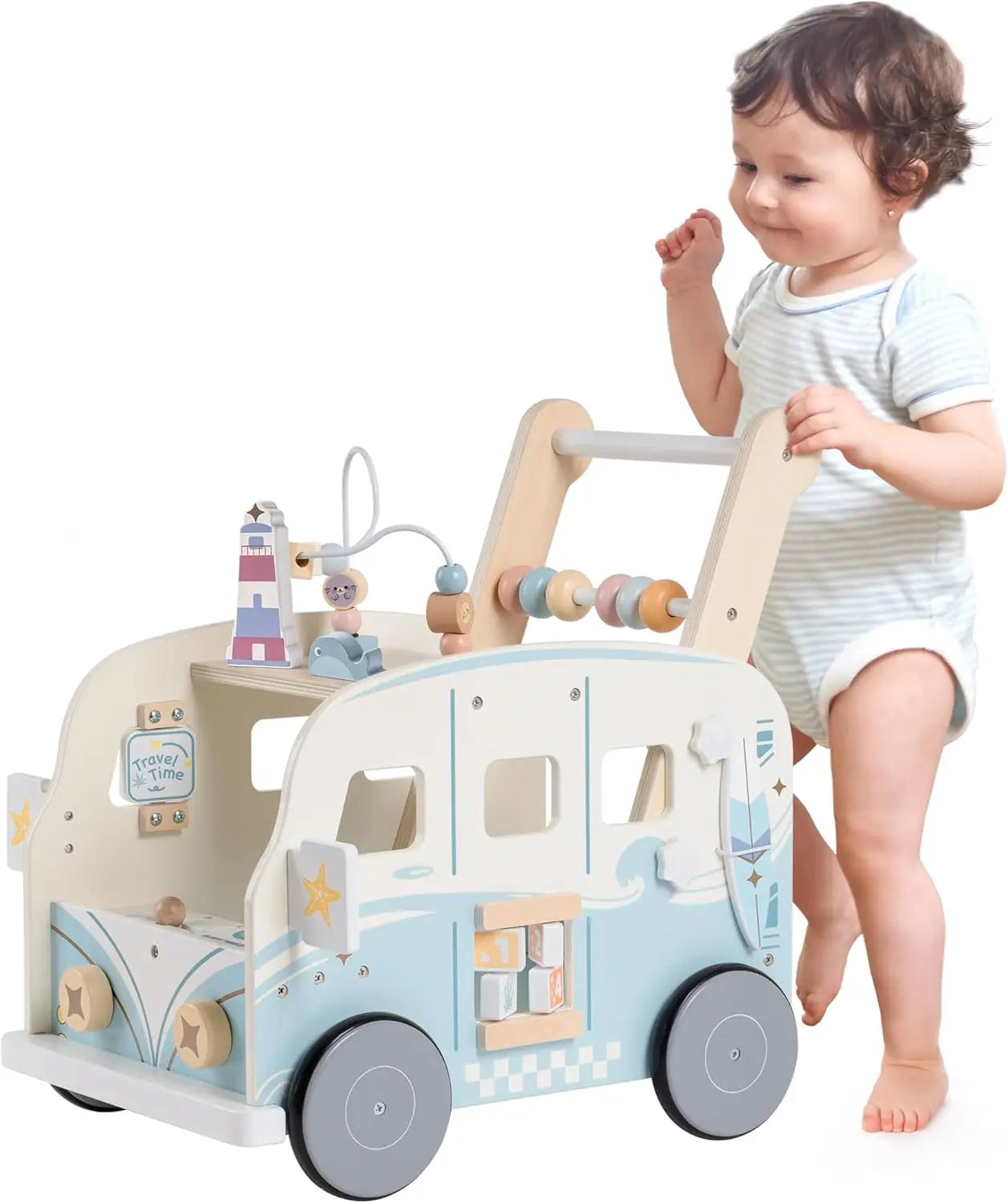 Child playing with a wooden toy car and walker set on a white background