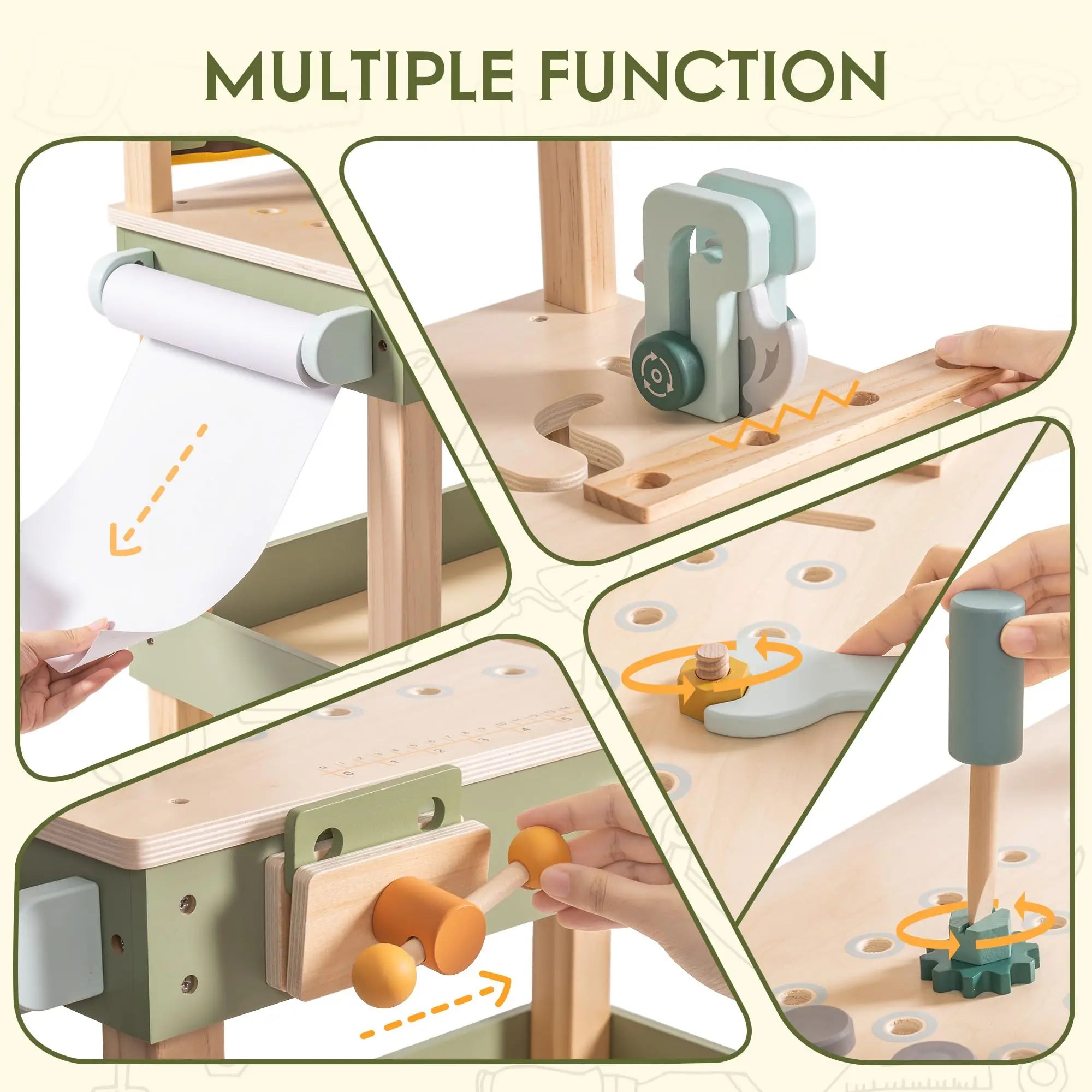 Collage of a multi-functional wooden tool with various attachments and uses.