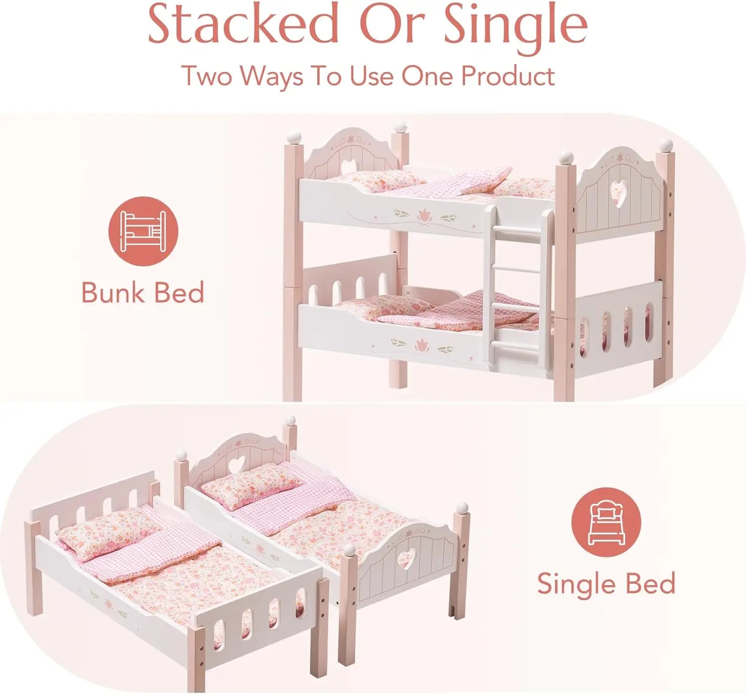 Children's bunk bed with options to stack or use as a single bed on a light pink background.