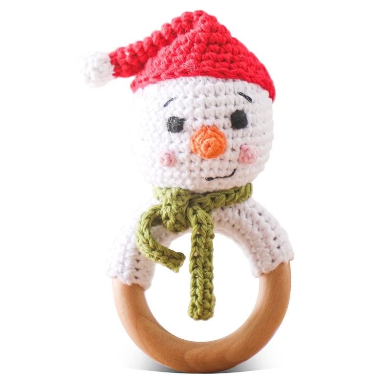 Crochet Snowman & Reindeer Rattle Toy with knitted snowman, green scarf, red hat, engaging rattle sound, and eco-friendly wooden teether, perfect for holiday playtime.