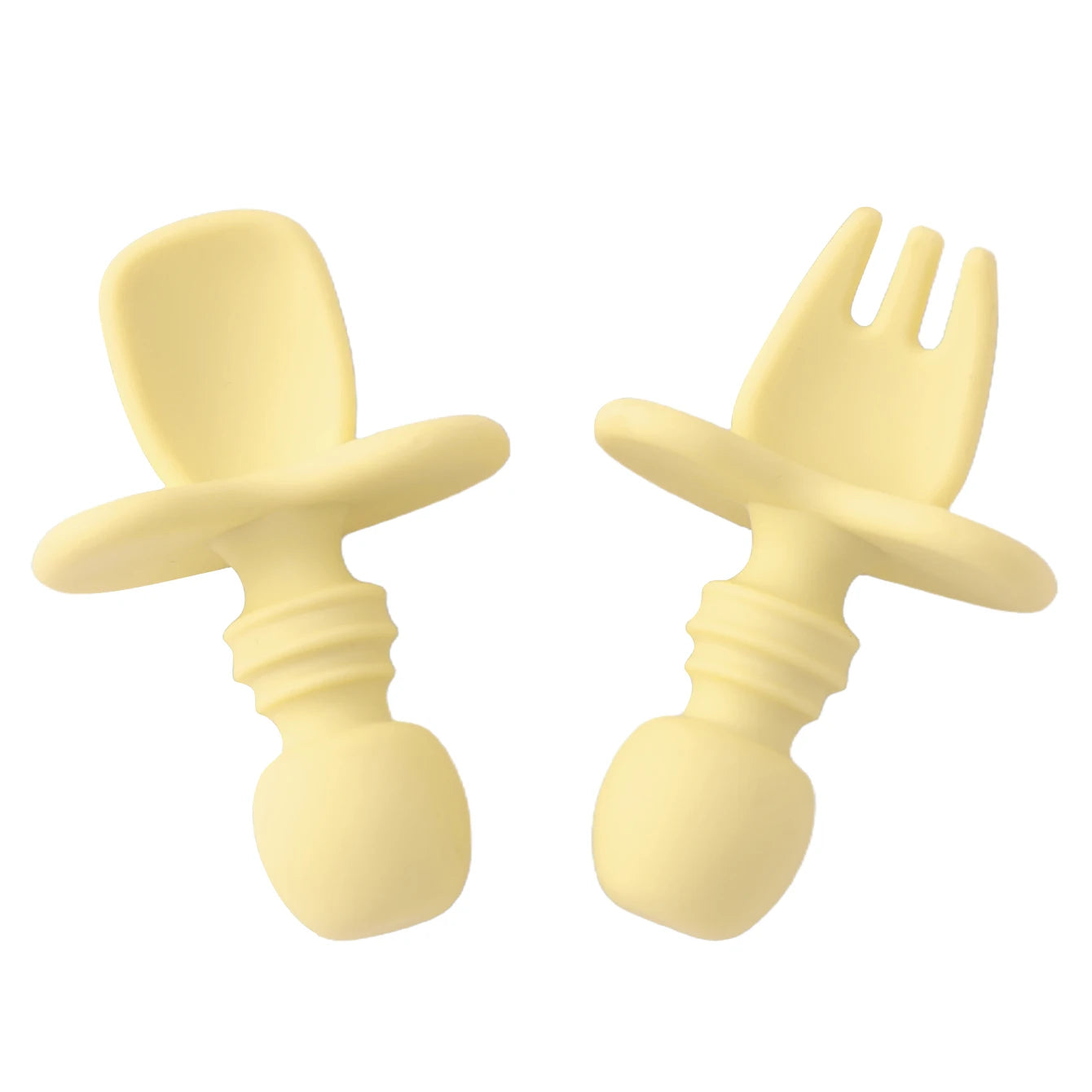 Light yellow silicone spoon and fork with choke guard