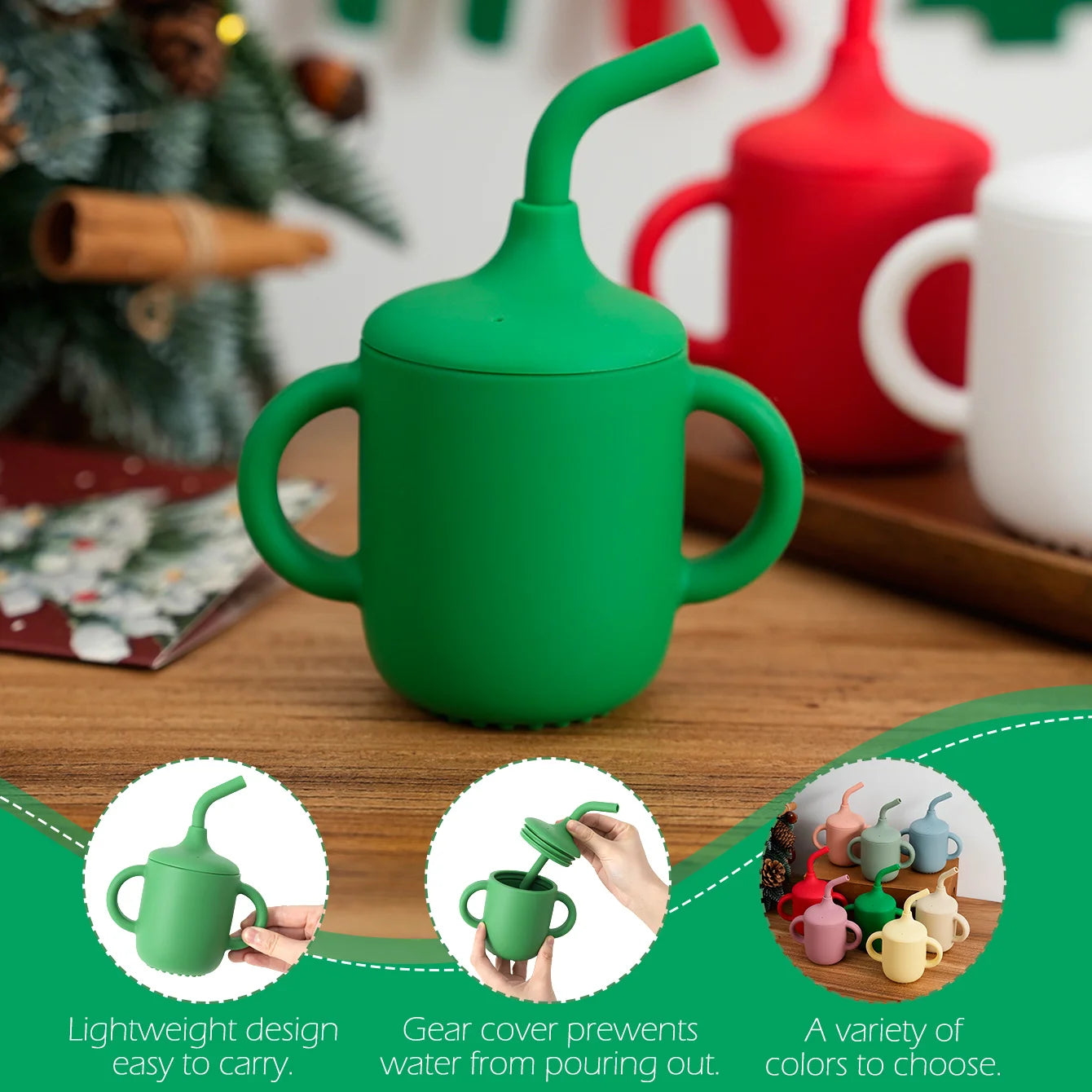 Green silicone straw cup with handles and feature callouts