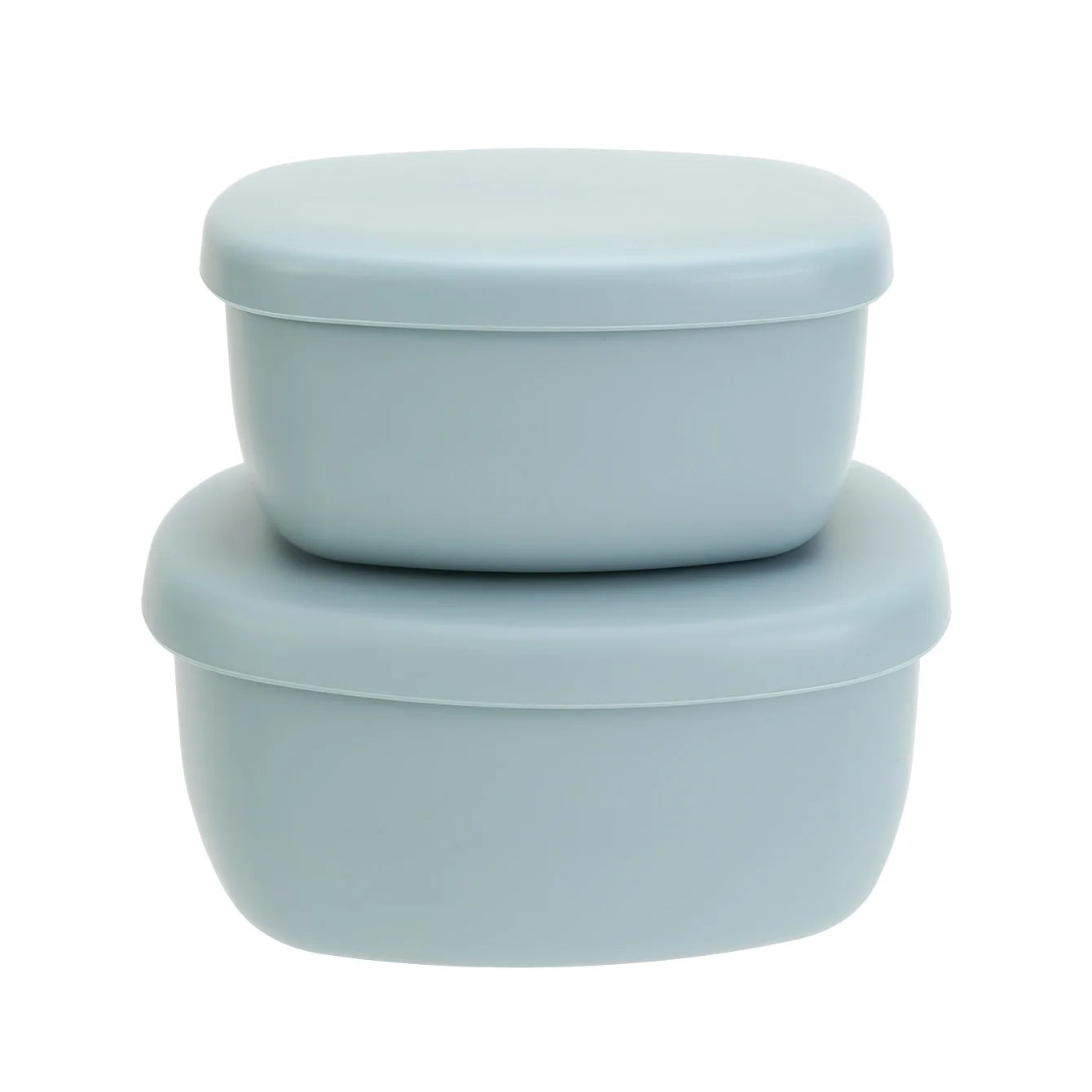 Two grey blue silicone food containers with lids