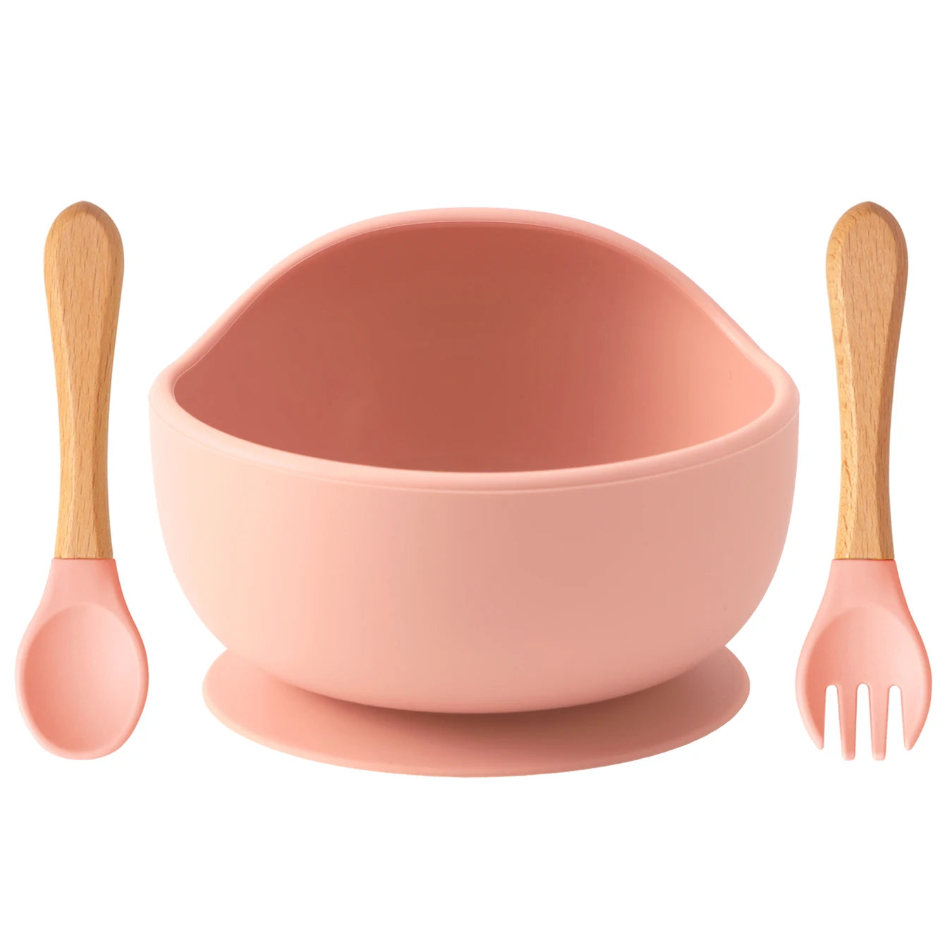 Muted Coral silicone suction bowl with wooden spoon and fork