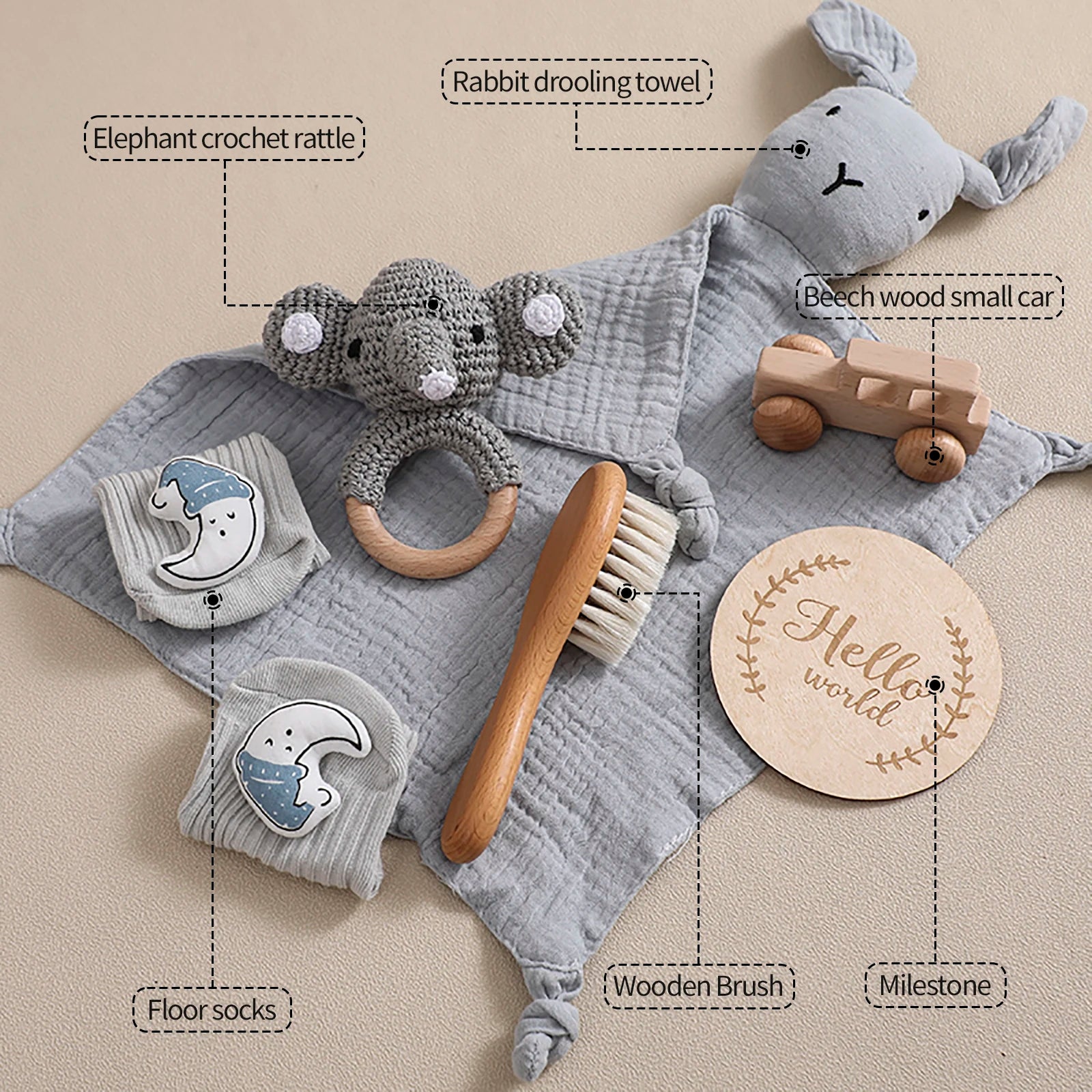 Collection of baby toys and items on a beige surface with labels indicating each item.