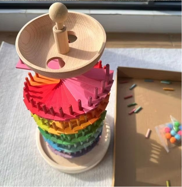 Wooden Marble Run Tower – Montessori Rainbow Spiral STEM Toy