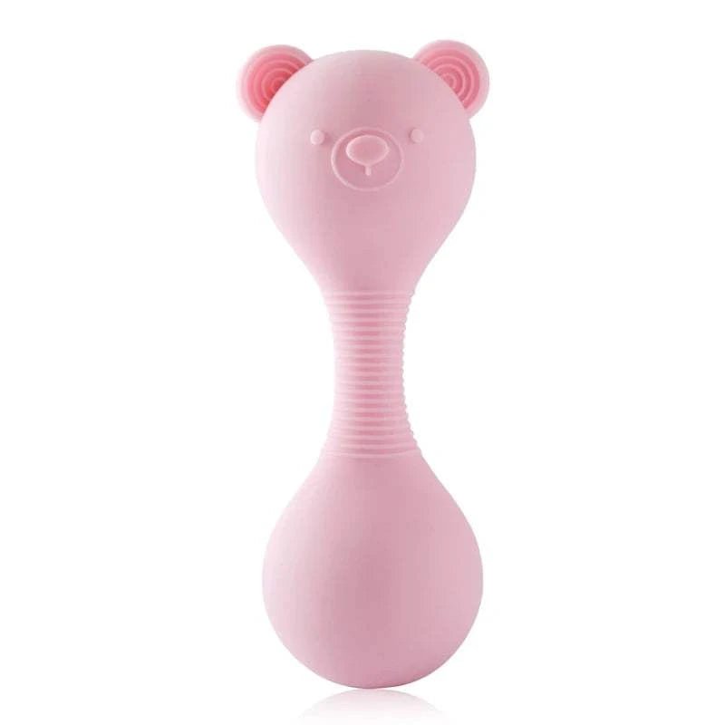 Baby Bear Silicone Teether Toy with a cartoon bear face, designed to soothe teething discomfort and double as a sensory maracas toy for infants.