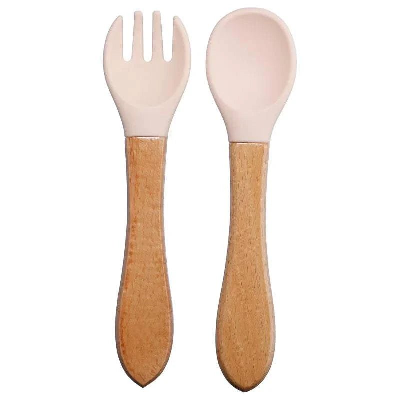 Bamboo Handled Silicone Baby Spoon & Fork Set - Oliver & Company Montessori Toys