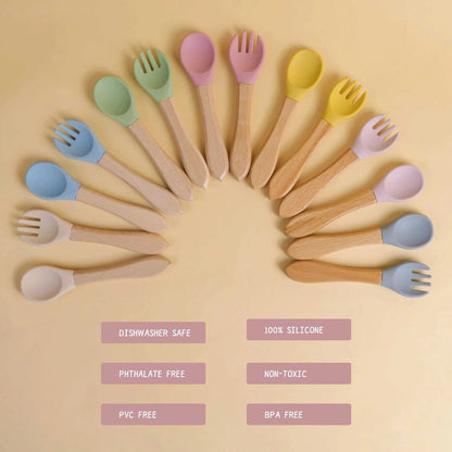 Bamboo Handled Silicone Baby Spoon & Fork Set - Oliver & Company Montessori Toys
