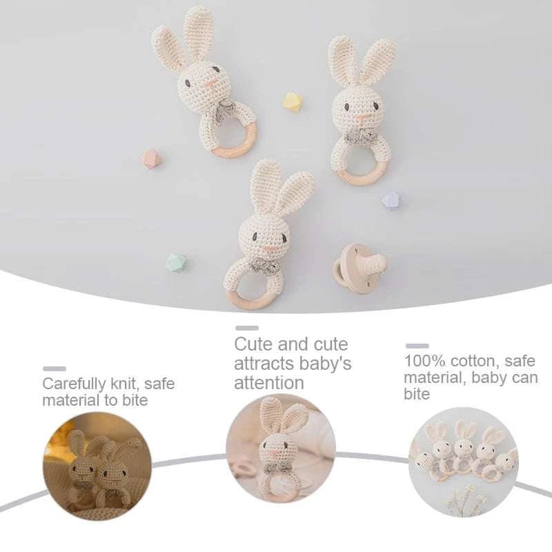 Bunny Woodland Crochet Rattle: A handcrafted, cuddly bunny rattle, perfect for sensory exploration and auditory stimulation, designed for little hands to grasp and shake.