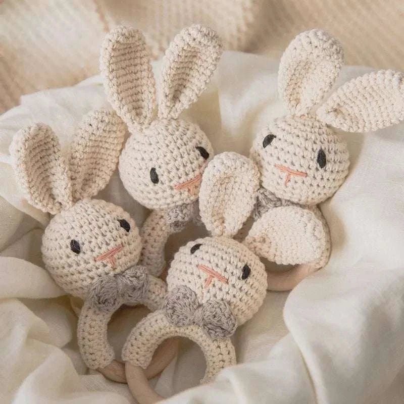 Bunny Woodland Crochet Rattle featuring a handcrafted crocheted bunny design, perfect for little hands, combining soft textures with a gentle rattle sound for sensory exploration.