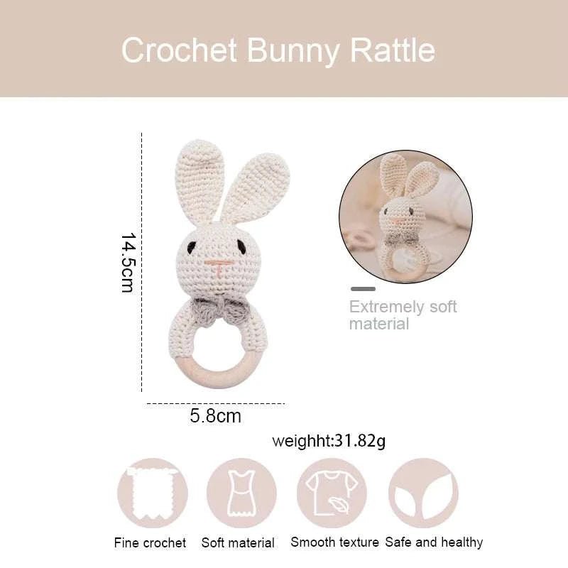 Bunny Woodland Crochet Rattle, a handcrafted wooden bunny with soft crochet detailing, designed for sensory exploration and tactile development, perfect for little hands.