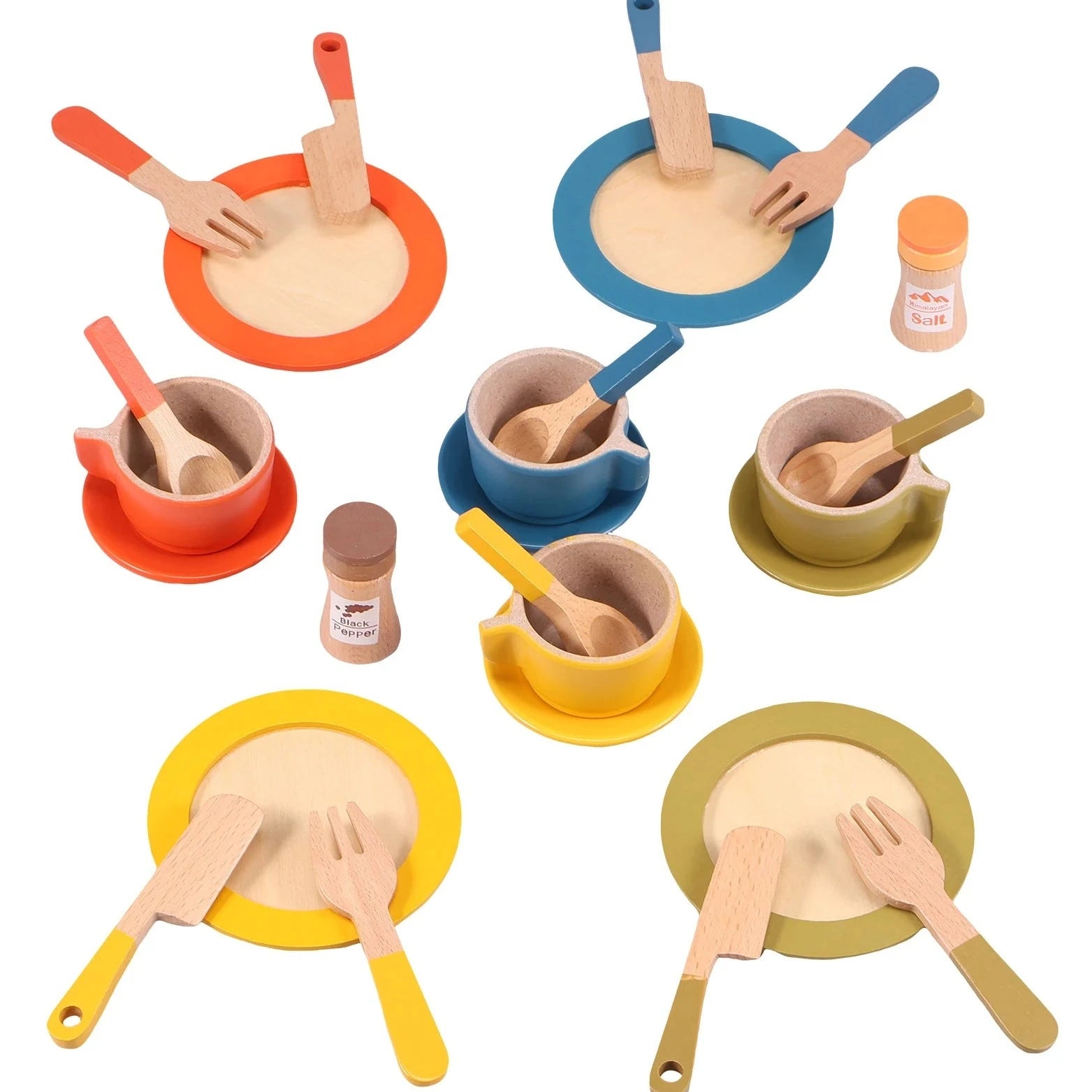 Colorful 26-Piece Kitchen Dish Set featuring wooden utensils, cups, and plates, ideal for imaginative play in a child's pretend kitchen from Oliver & Company Montessori Toys.