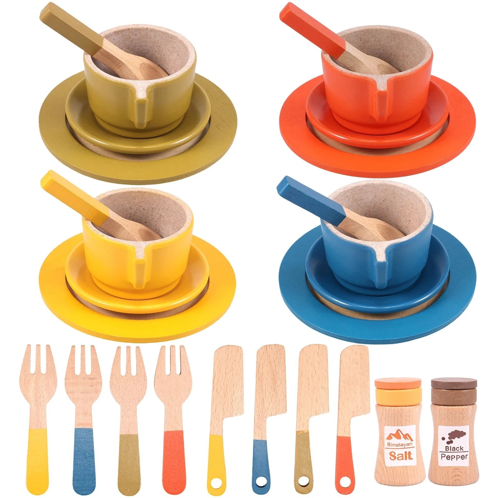 Colorful 26-Piece Kitchen Dish Set featuring wooden utensils, cups, and coasters, designed for imaginative play in a child's pretend kitchen setting.