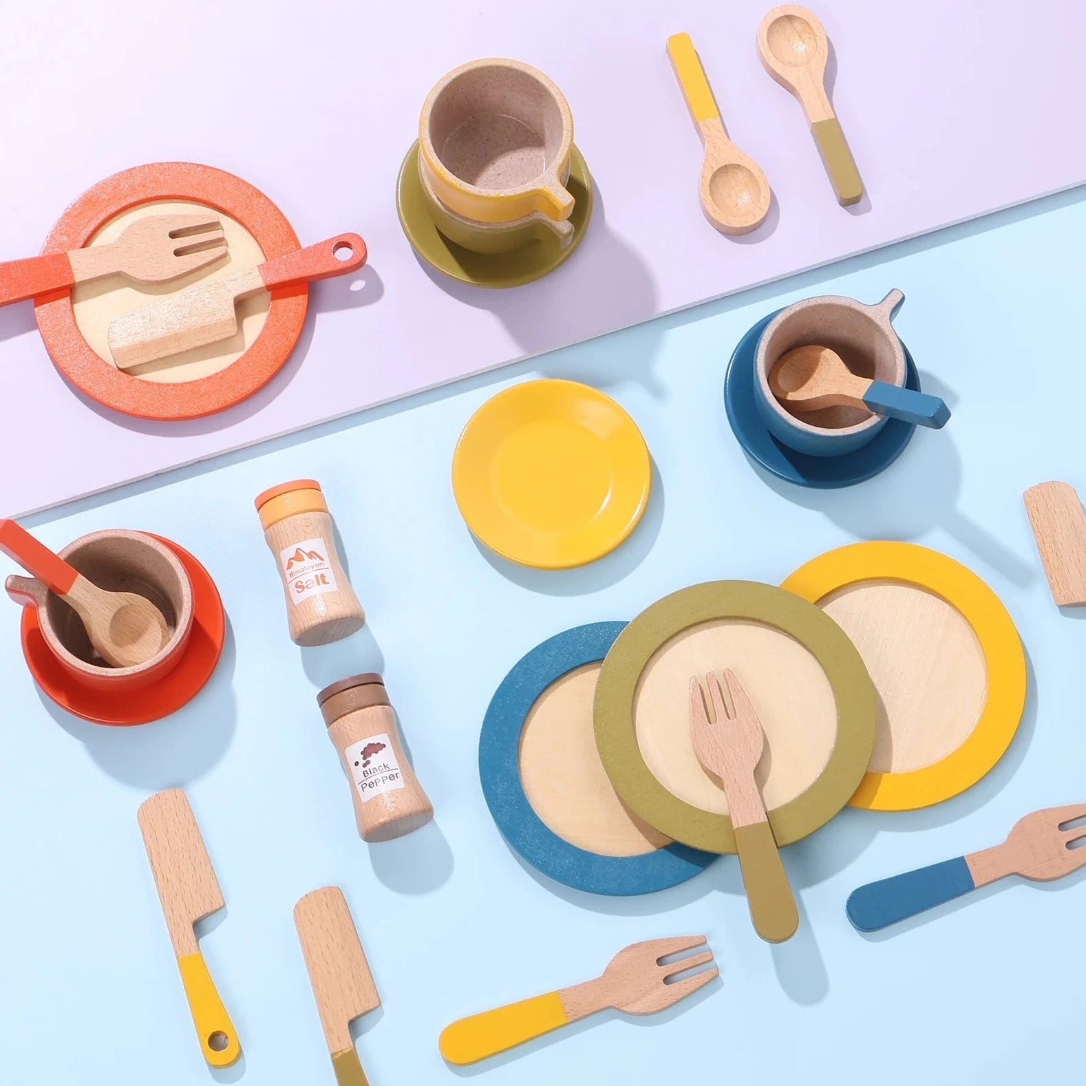 Colorful 26-Piece Kitchen Dish Set featuring wooden utensils and plates, perfect for imaginative play in children's pretend kitchens.