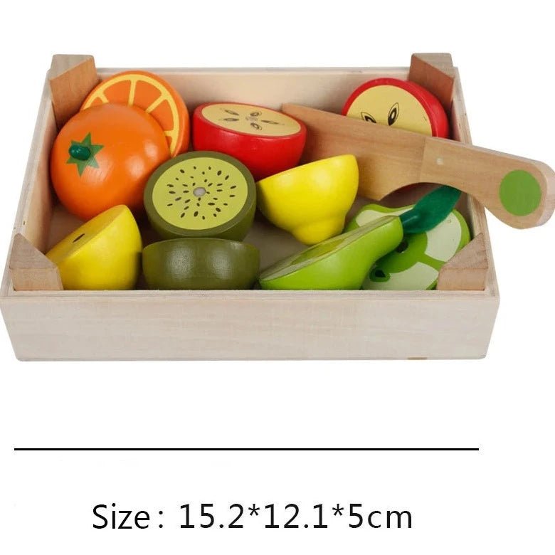 Cut Fruits and Vegetables Wooden Toys for Montessori play, featuring assorted wooden produce in a box, designed for imaginative cutting and learning activities.
