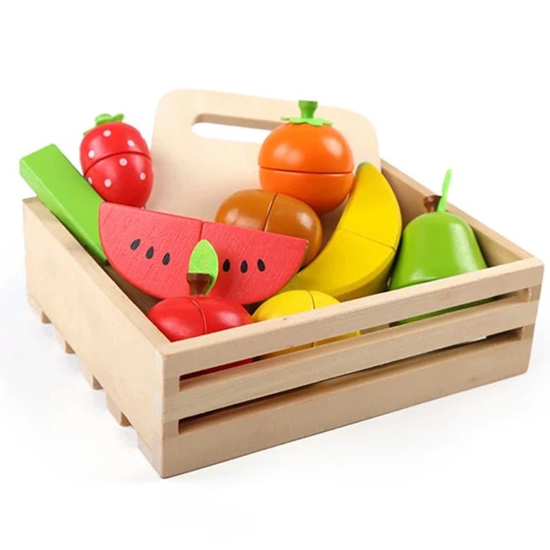 Cut Fruits and Vegetables Wooden Toys in a wooden crate, designed for pretend play and skill development, perfect for Montessori learning and eco-friendly play.
